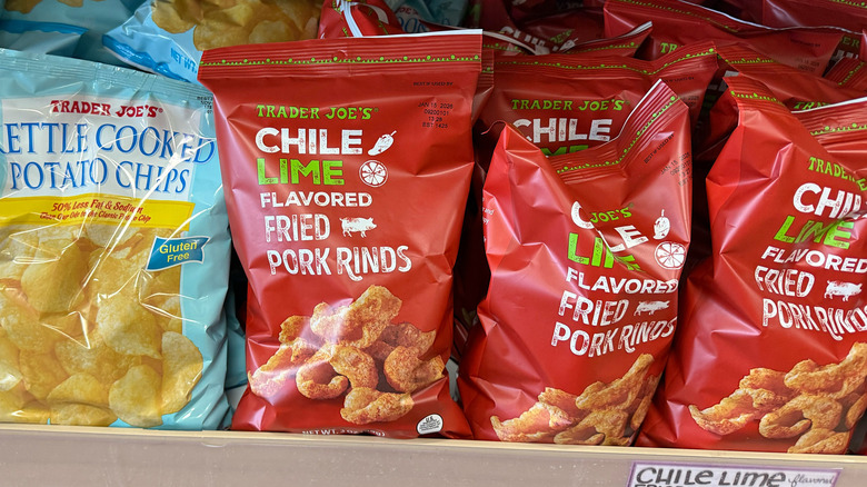 Bags of pork rinds on a shelf at Trader Joe's
