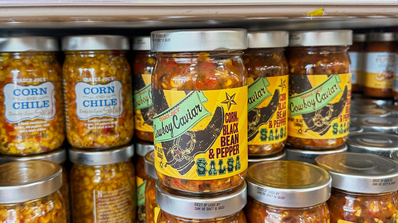 Jars of Cowboy Caviar Salsa on a shelf at Trader Joe's