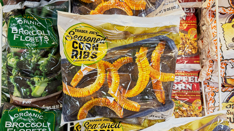 Packages of corn ribs in the freezer aisle at Trader Joe's