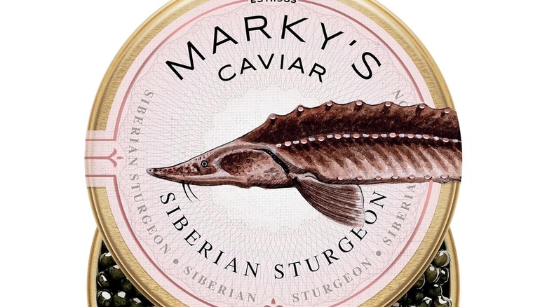 A close-up of a Marky's caviar label.