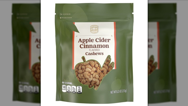 Green bag of Southern Grove Apple Cider Cinnamon Flavored Cashews.