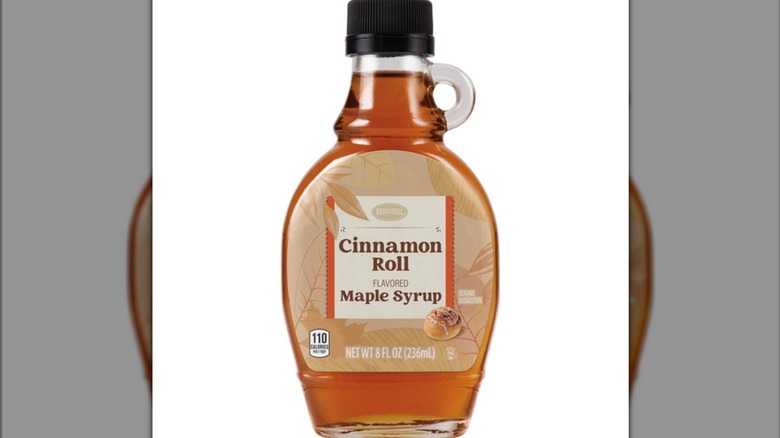 Bottle of Specially Selected Cinnamon Roll Flavored Maple Syrup.