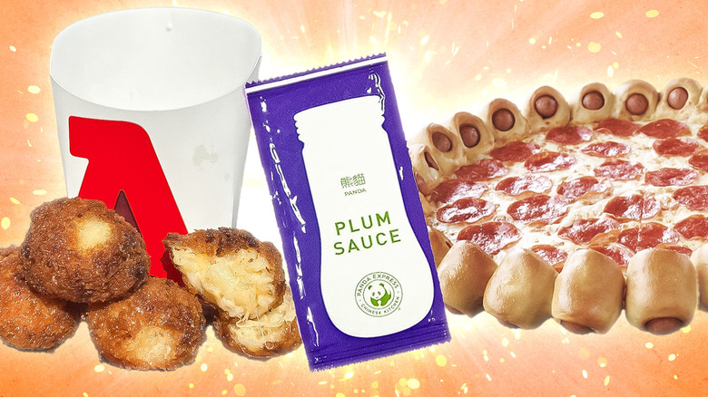 Collage of plum sauce packet, hot dog stuffed crust pizza, and fried mac and cheese bites against orange textured background