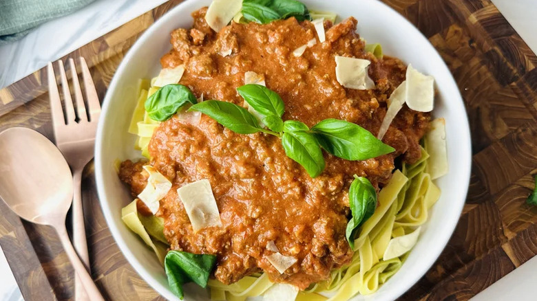 Simple Weeknight Bolognese served in a white bowl