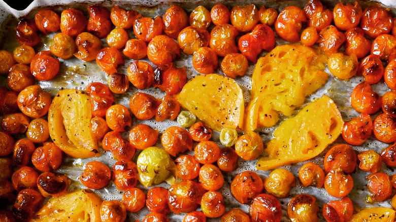 Roasted tomatoes on a sheet pan