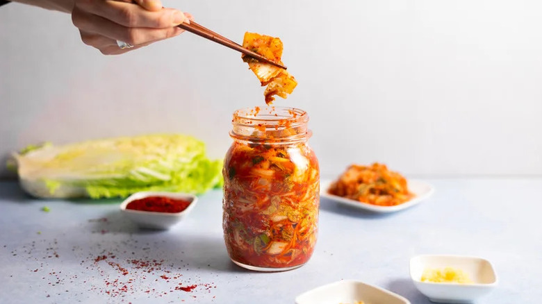 Napa cabbage kimchi in a jar
