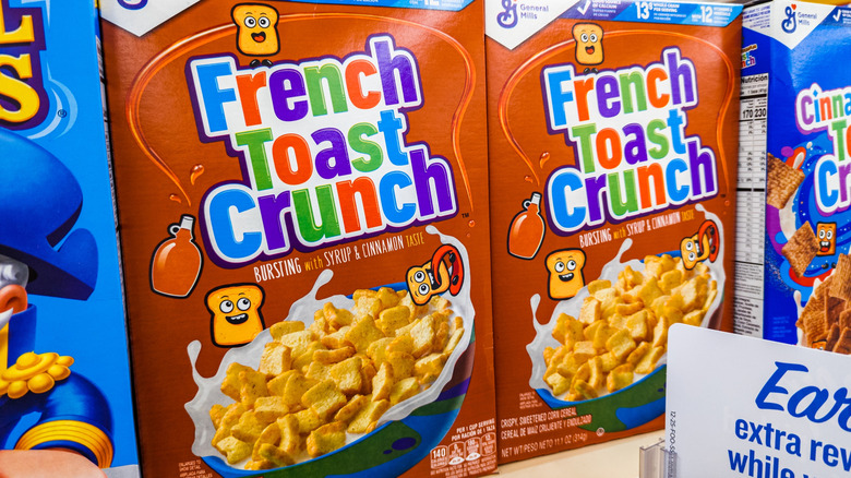 Boxes of French Toast Crunch on a grocery store shelf