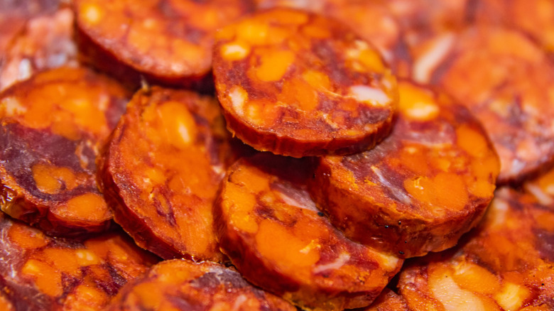 Sliced chorizo pieces shown in close-up