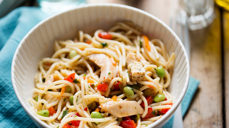 Chicken pasta salad with edamame pods