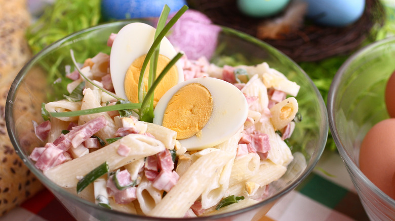 Pasta salad with hard-boiled eggs and ham