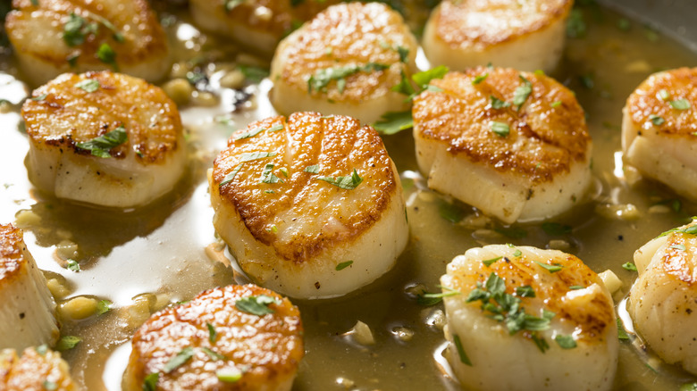 Seared scallops with green onions cooking in a pan with liquid
