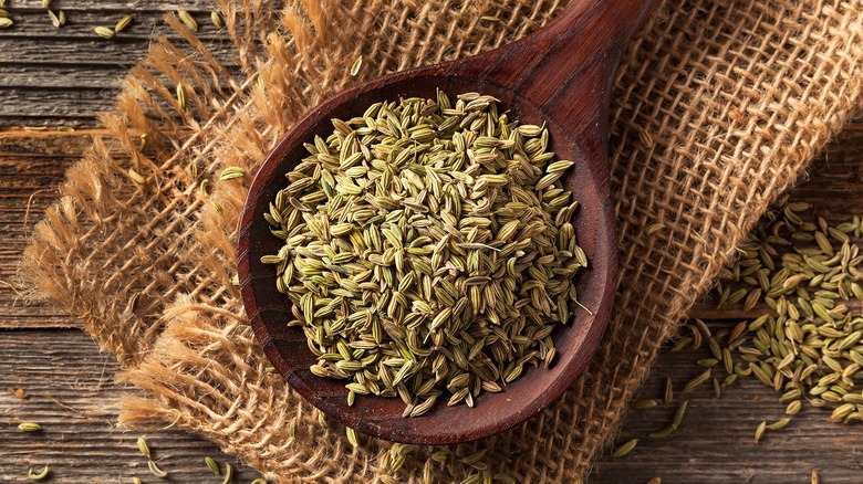 Fennel Seeds in the bowl of a dark wooden spoon over a rustic woven cloth