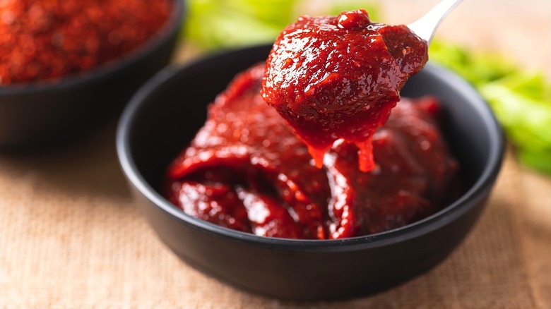 Gochujang paste in a black bowl and on a metal spoon