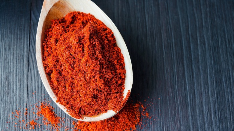 Smoked paprika in the base of a light wooden spoon on a textured gray surface