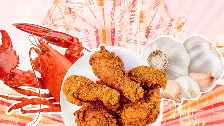 Lobster, fried chicken wings, and garlic bulbs overlaid on festival background