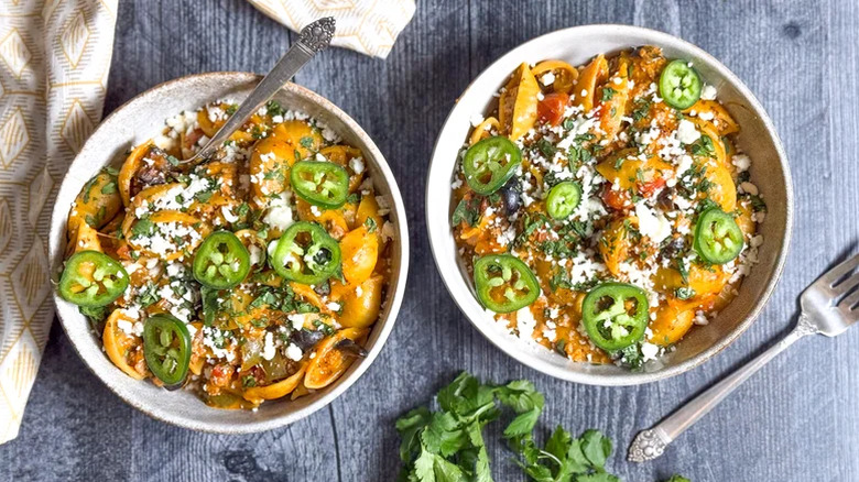 Taco pasta bowl with jalapeños