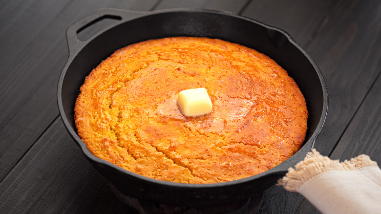 Corn pudding in a skillet