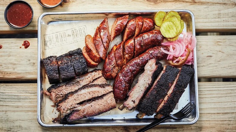 A tray of barbecued meats at Blood Bros BBQ