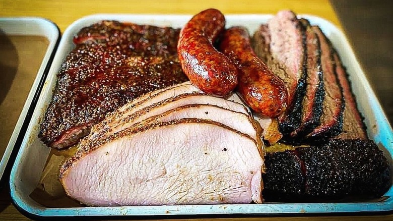 A tray of barbecued meats at Burnt Bean Co.
