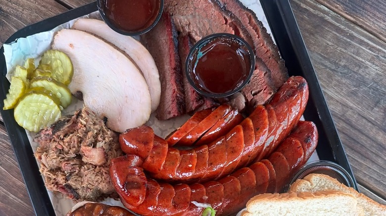 A tray of barbecued meats at Corkscrew BBQ