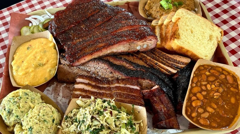 A tray of barbecued meats and sides at Goldee's Bar-B-Q