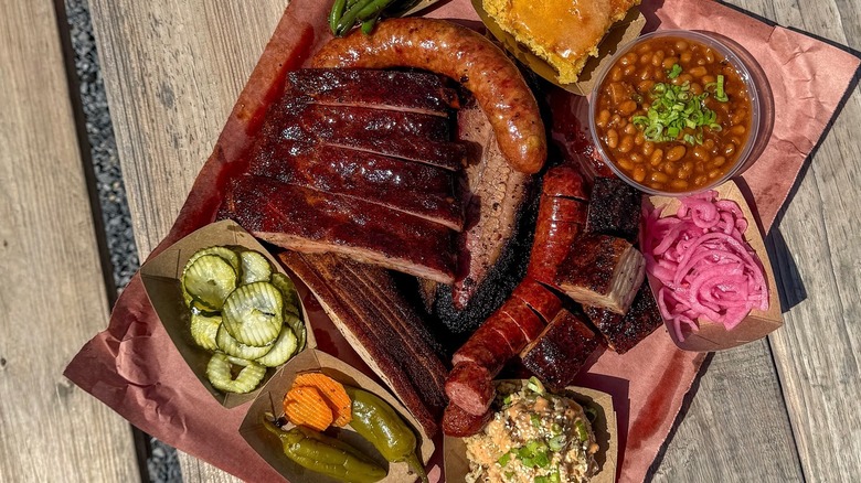 A tray of barbecued meat and sides at GW's BBQ