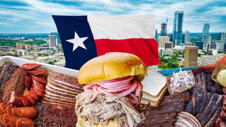 A variety of barbecue dishes with a Texas flag and an urban city backdrop