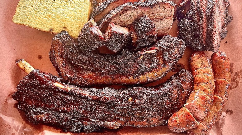 A tray of barbecued meats at LeRoy and Lewis Barbecue