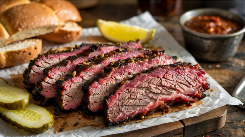 Slices of brisket with pickles on a wooden cutting board