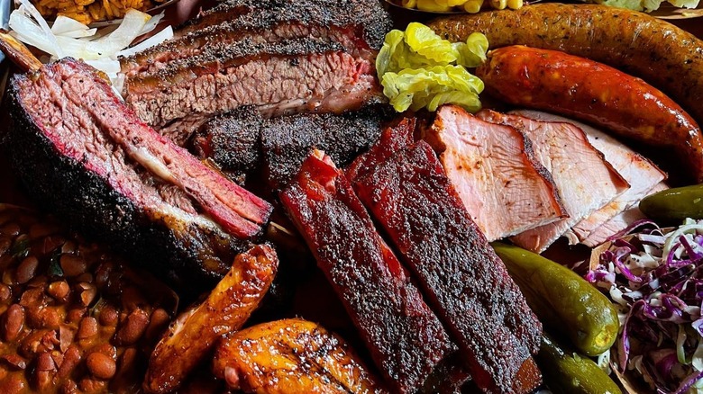 A tray of barbecued meats and sides at Pinkerton's Barbecue
