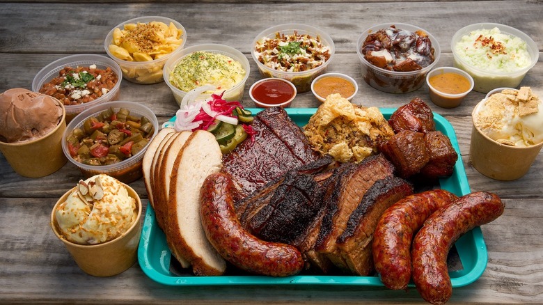 A spread of barbecued meat and sides at Rosemeyer Bar-B-Q