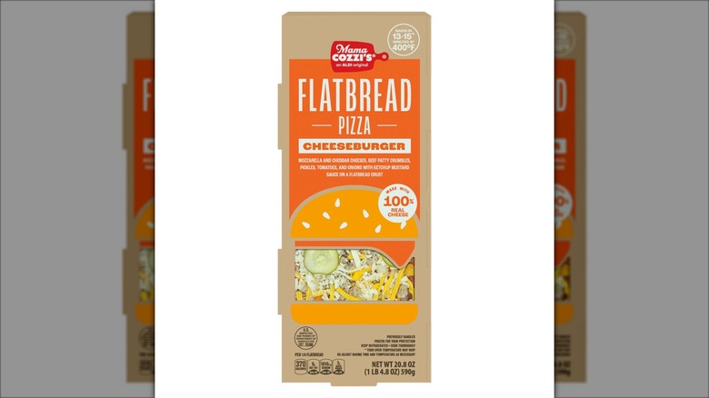 A box of Mama Cozzi's Cheeseburger Flatbread Pizza