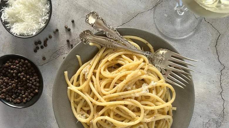Simple, classic bucatini cacio e pepe