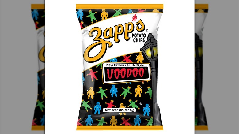 8-ounce bag of Zapp's voodoo New Orleans kettle style potato chips on a white background.