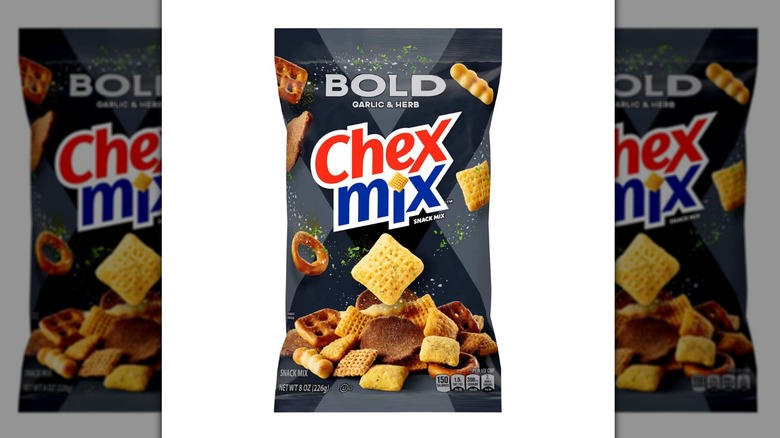 8-ounce bag of bold garlic and herb Chex mix on a white background.