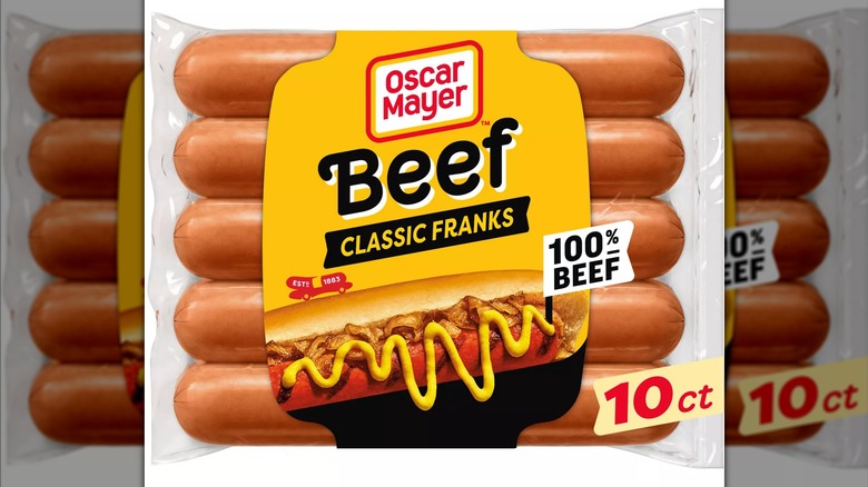10-pack of Oscar Meyer beef classic franks on a white background.