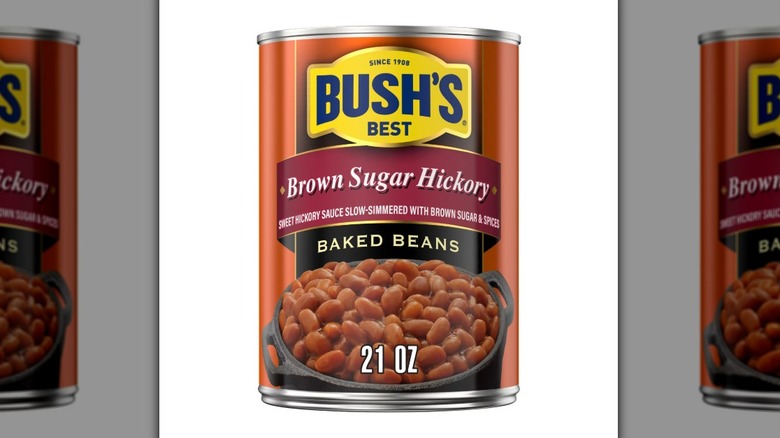 21-ounce Bush's brown sugar hickory baked beans on a white background.