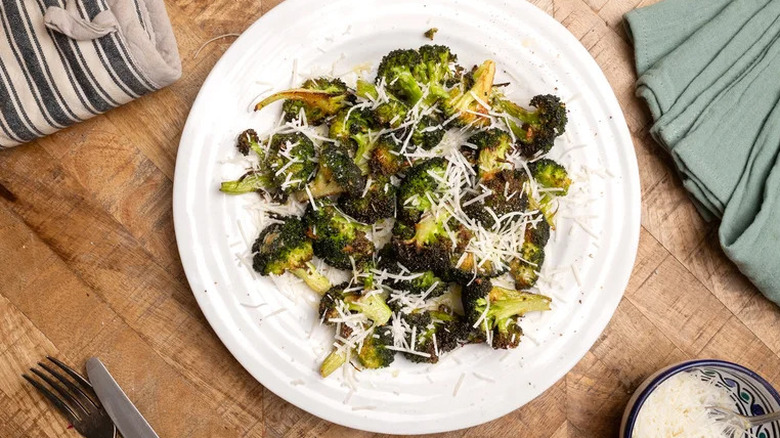 Plate of roasted broccoli with garlic and Parmesan