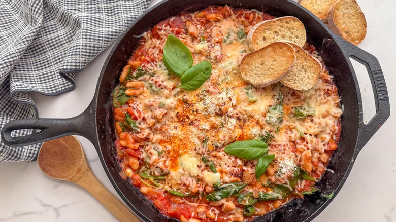 Pizza beans in a cast iron skillet