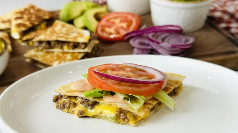 Quesadilla with beef, cheese, and veggies