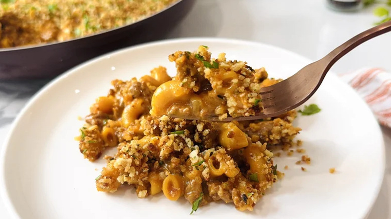 Hamburger Helper on a plate with a fork