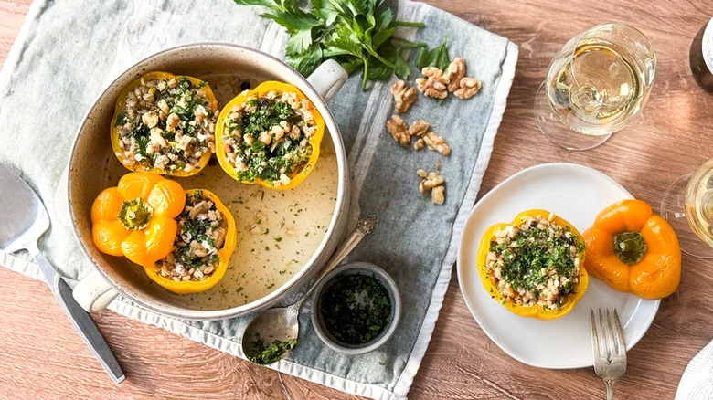 Stuffed peppers in a dish and on a plate