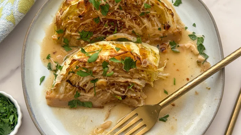Cabbage on a plate with a fork