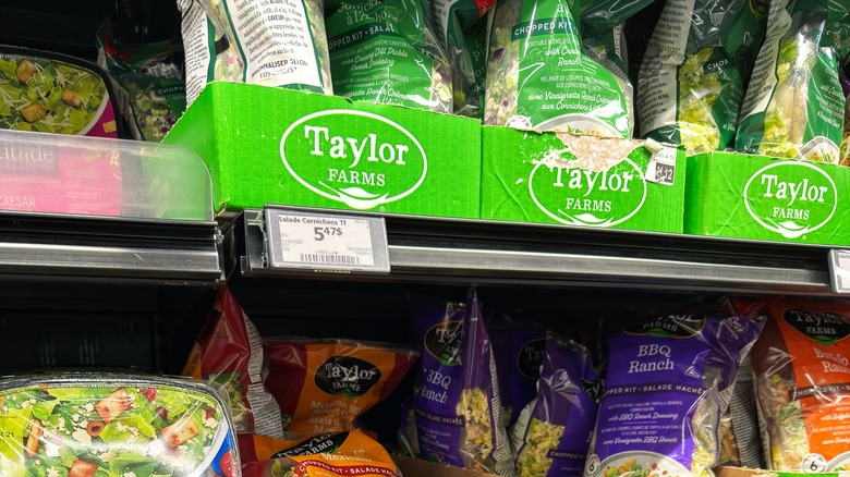 Bagged salads on grocery store cooler shelf