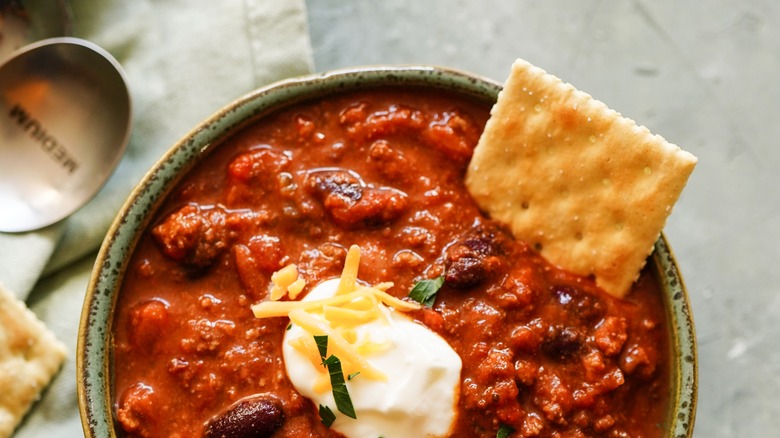 Homemade beef chili in a bowl