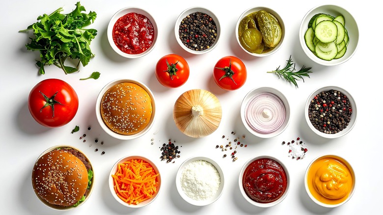 Overhead view of burger toppings in small white bowls on a white surface