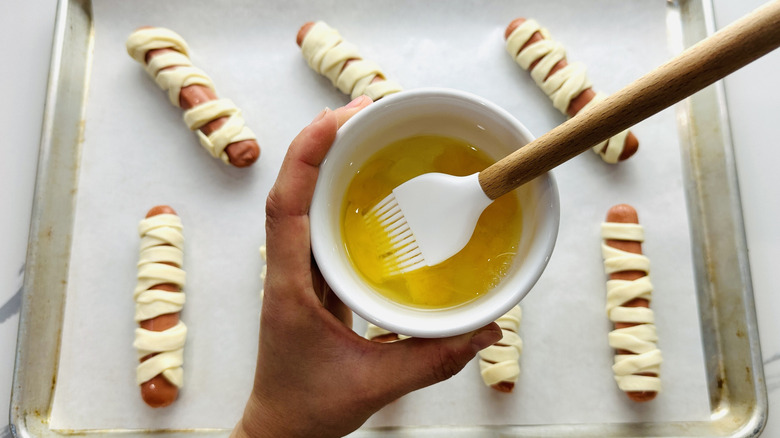 Egg wash for mummy hot dogs