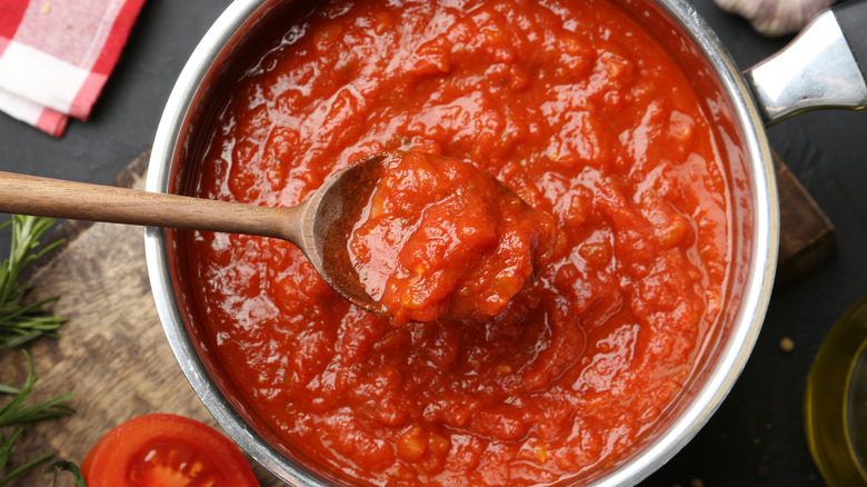 Homemade tomato sauce in a pot.