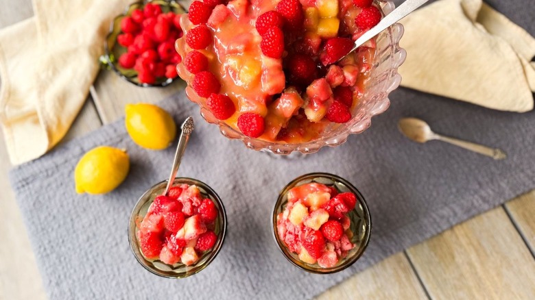 3-ingredient raspberry lemonade British trifle in serving bowls with lemons and berries