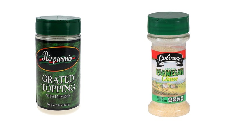 A container of Risparmia grated topping with parmesan cheese and a container of Colonna grated parmesan cheese